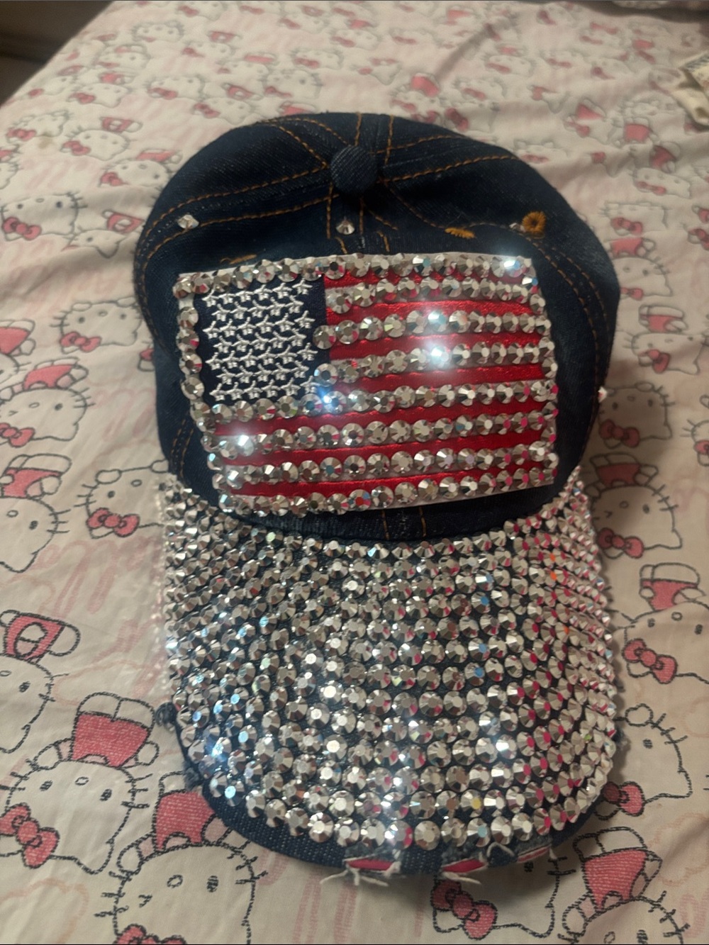 Embellished Denim Cap with Rhinestone American Flag